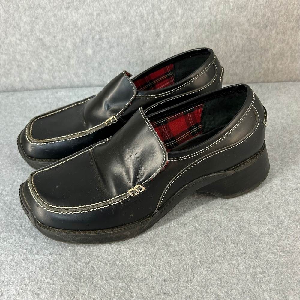 Steve Madden Black Leather Kleet Loafers Y2K Vtg Chunky Platform Womens Size 9 B